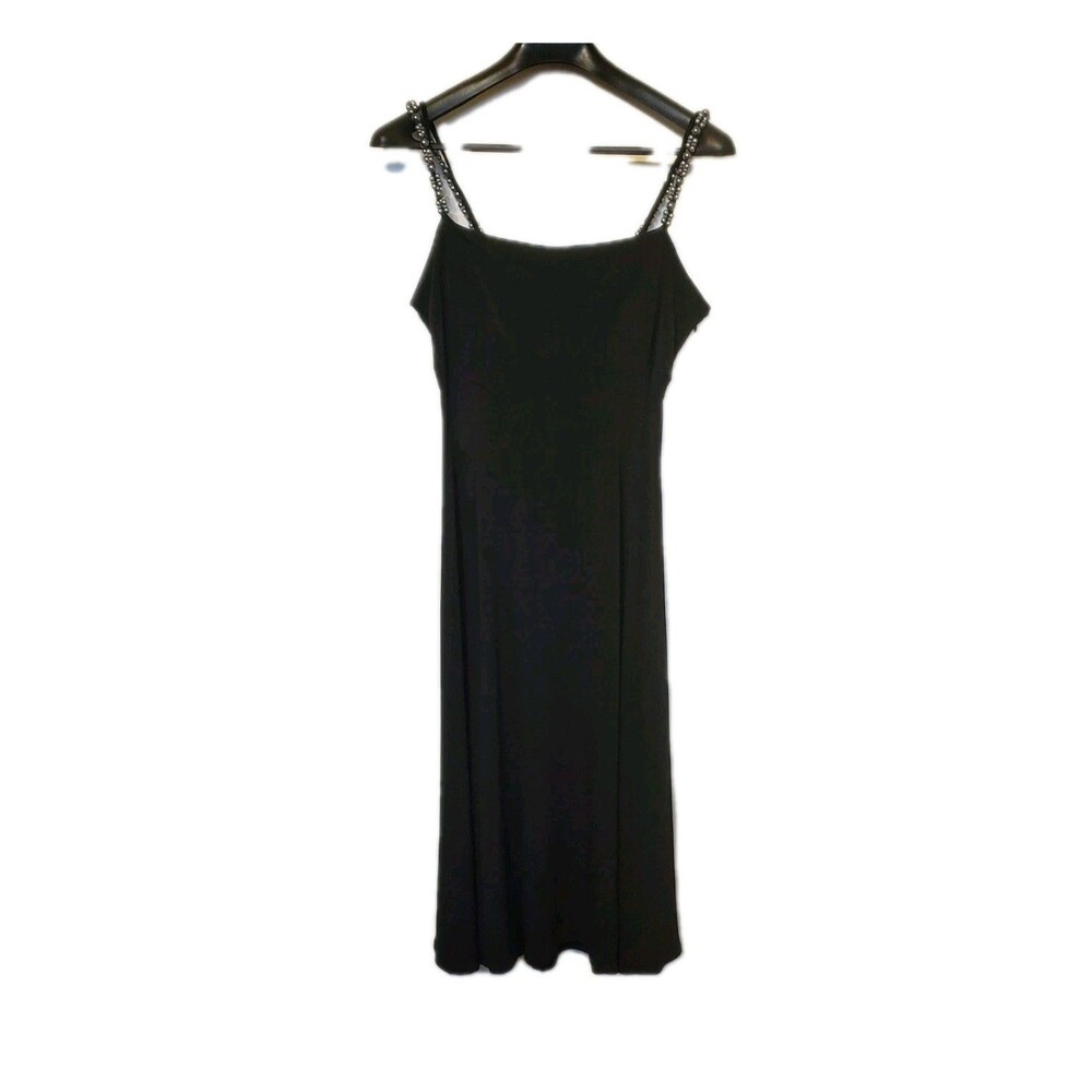 Maggie Boutique Beaded Spaghetti Strap Black Evening Dress Midi Slip Size 10